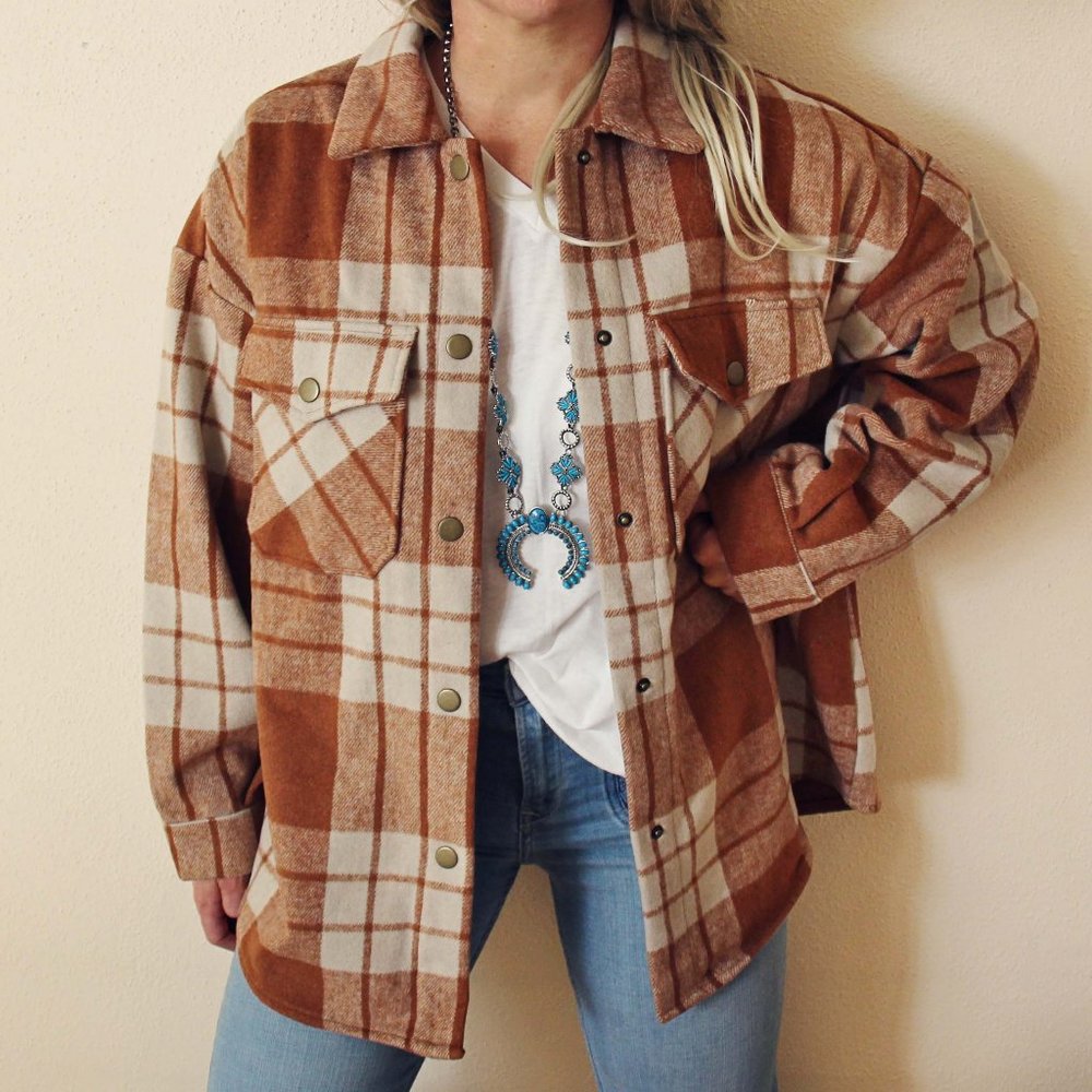 New Cozy Rust Plaid Shirt Jacket Shacket Coat